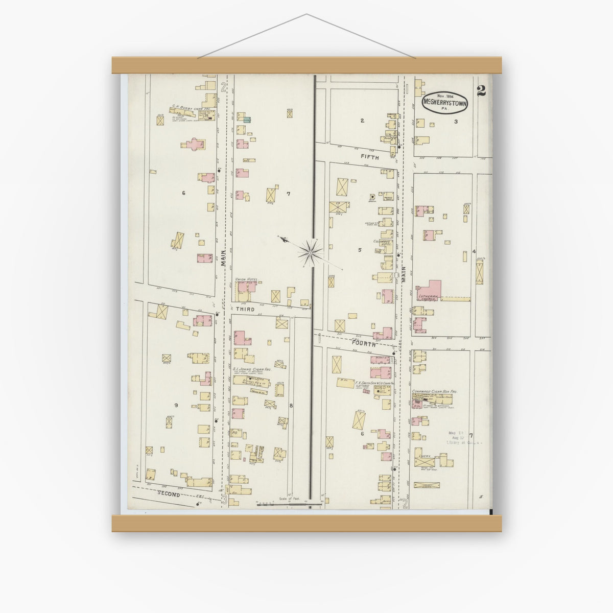 Old map wall art mockup — magnetic wood frame on white wall — Sanborn Fire Insurance Map from McSherrystown, Adams County, Pennsylvania (1894), Sheet #0002