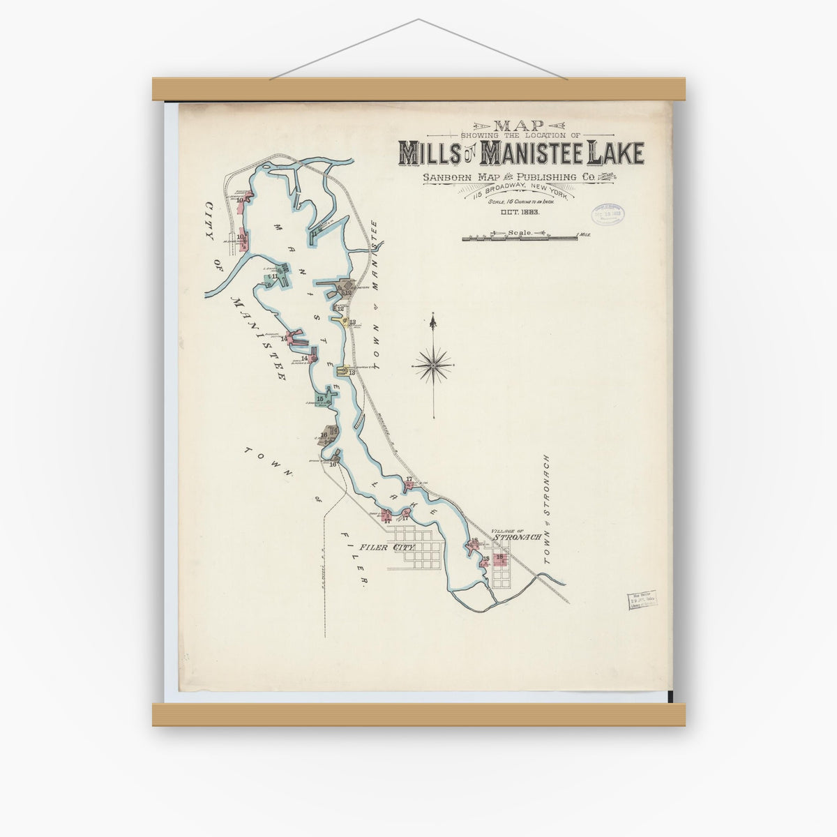 Old map wall art mockup — magnetic wood frame on white wall — Sanborn Fire Insurance Map from Manistee, Manistee County, Michigan (1883), Sheet #0002