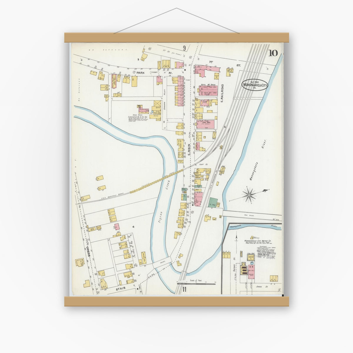 Old map wall art mockup — magnetic wood frame on white wall — Sanborn Fire Insurance Map from Monongahela City, Washington County, Pennsylvania (1905), Sheet #0010