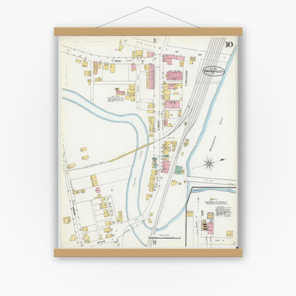 Old map wall art mockup — magnetic wood frame on white wall — Sanborn Fire Insurance Map from Monongahela City, Washington County, Pennsylvania (1905), Sheet #0010