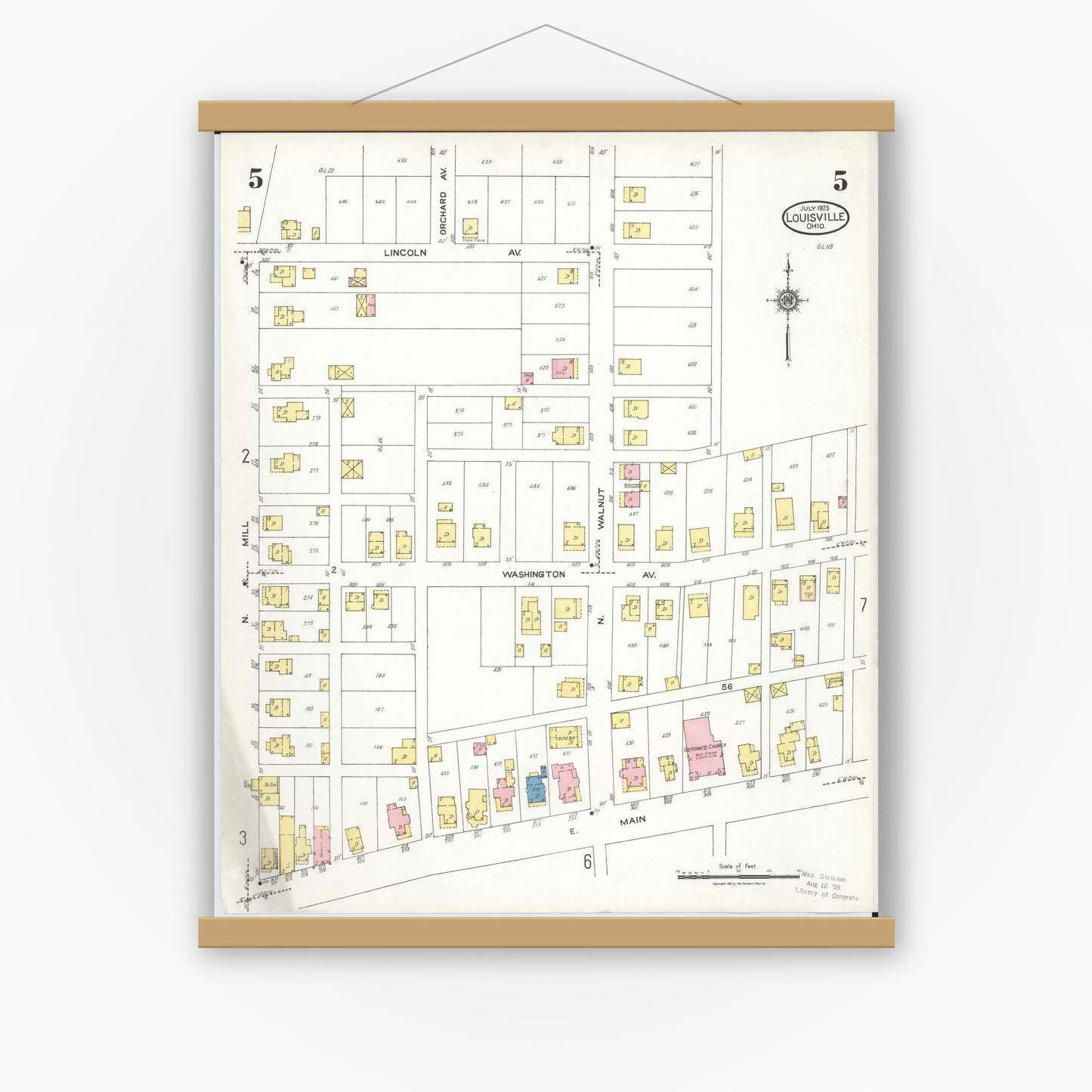 Old map wall art mockup — magnetic wood frame on white wall — Sanborn Fire Insurance Map from Louisville, Stark County, Ohio (1923), Sheet #0005