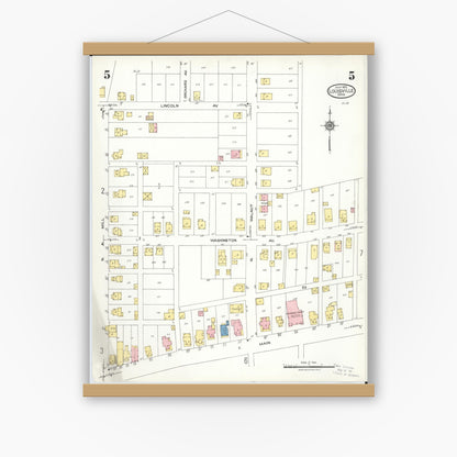 Old map wall art mockup — magnetic wood frame on white wall — Sanborn Fire Insurance Map from Louisville, Stark County, Ohio (1923), Sheet #0005