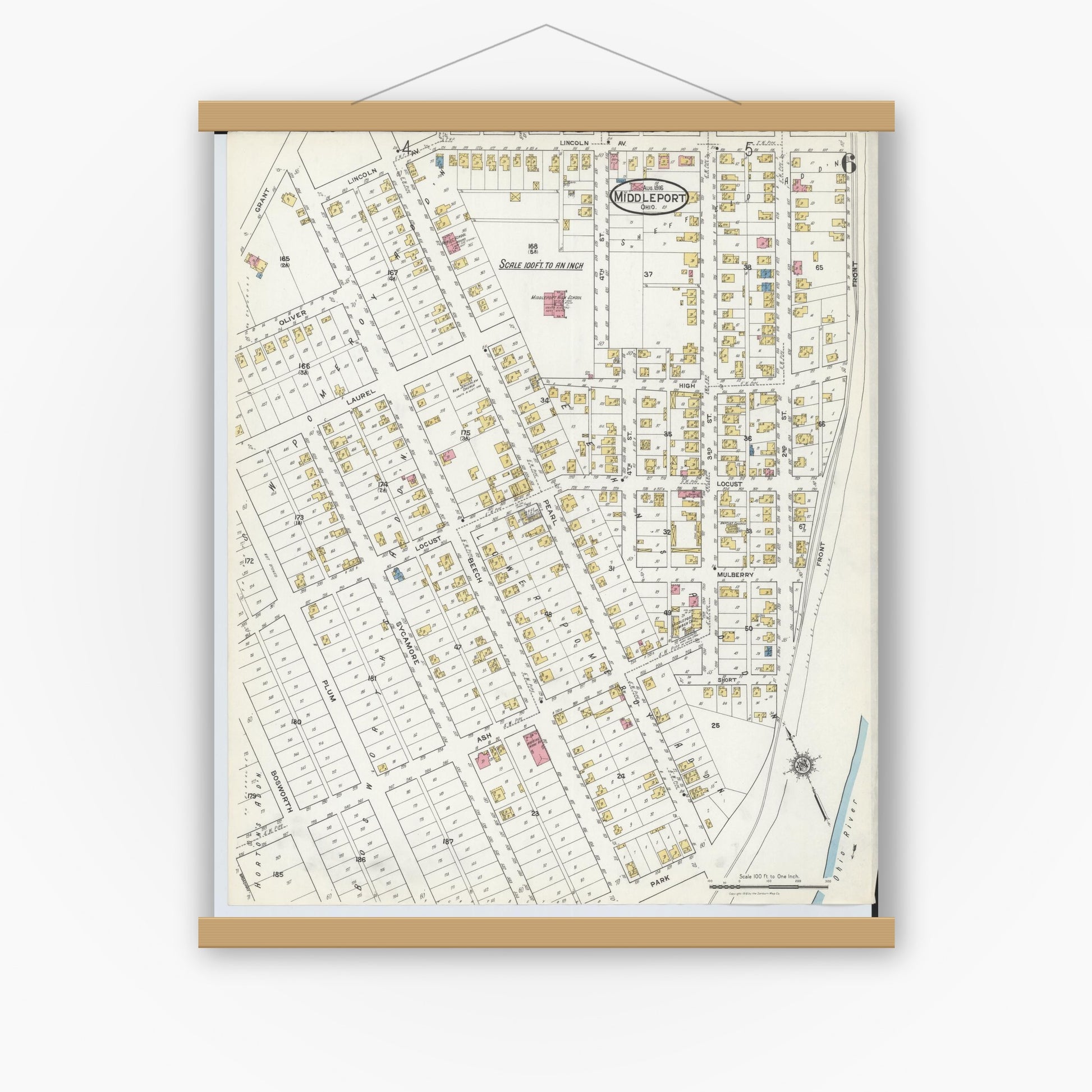 Old map wall art mockup — magnetic wood frame on white wall — Sanborn Fire Insurance Map from Middleport, Meigs County, Ohio (1916), Sheet #0006