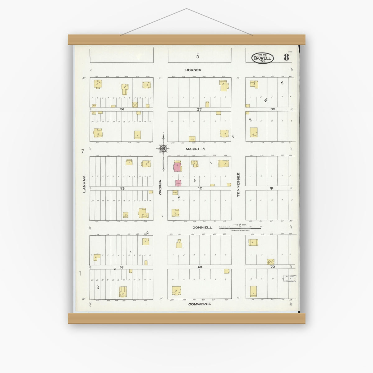 Old map wall art mockup — magnetic wood frame on white wall — Sanborn Fire Insurance Map from Crowell, Foard County, Texas (1921), Sheet #0008