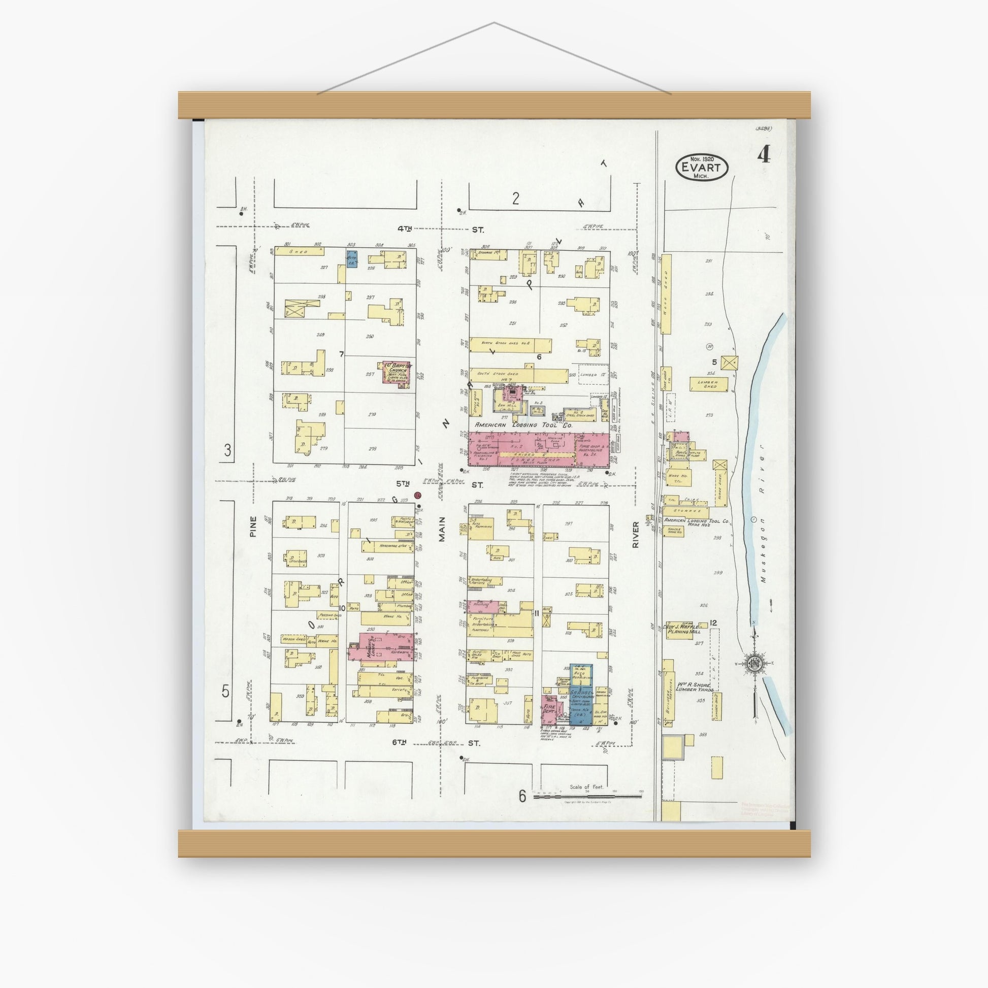 Old map wall art mockup — magnetic wood frame on white wall — Sanborn Fire Insurance Map from Evart, Osceola County, Michigan (1920), Sheet #0004