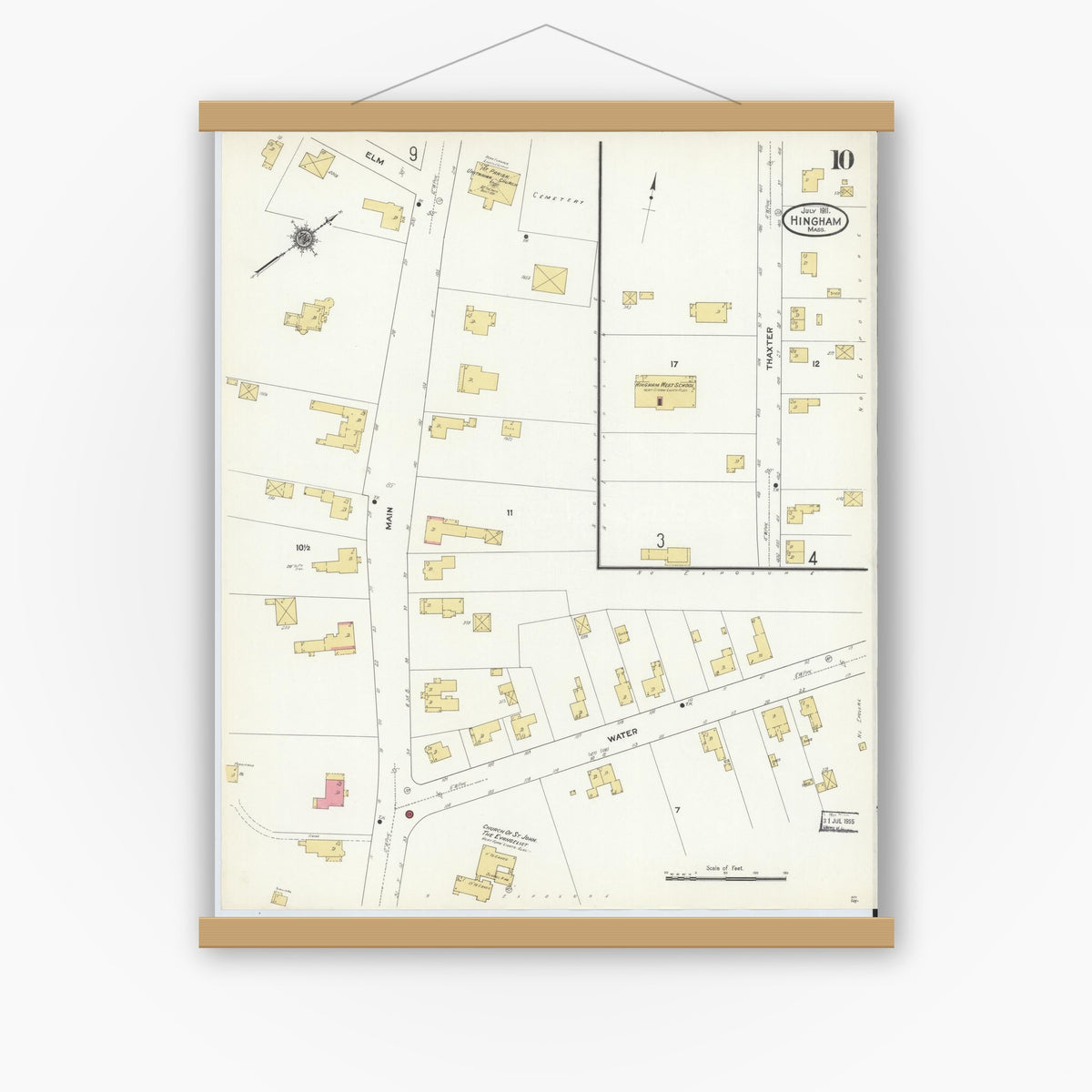 Old map wall art mockup — magnetic wood frame on white wall — Sanborn Fire Insurance Map from Hingham, Plymouth County, Massachusetts (1911), Sheet #0010