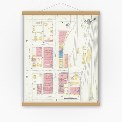 Old map wall art mockup — magnetic wood frame on white wall — Sanborn Fire Insurance Map from Texarkana, Bowie County, Texas (1905), Sheet #0006