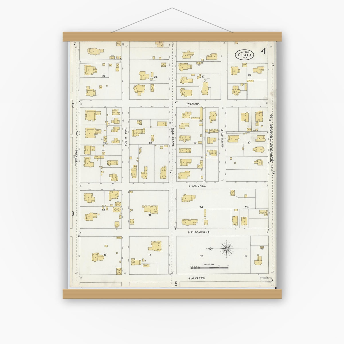 Old map wall art mockup — magnetic wood frame on white wall — Sanborn Fire Insurance Map from Ocala, Marion County, Florida (1906), Sheet #0004