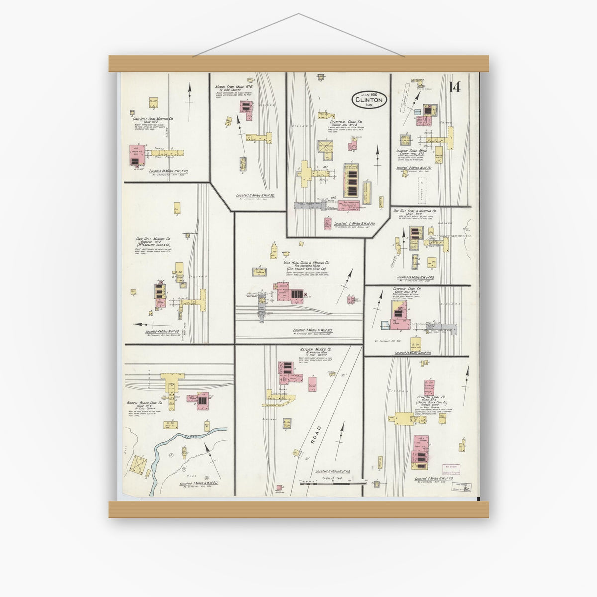 Old map wall art mockup — magnetic wood frame on white wall — Sanborn Fire Insurance Map from Clinton, Vermillion County, Indiana (1910), Sheet #0014