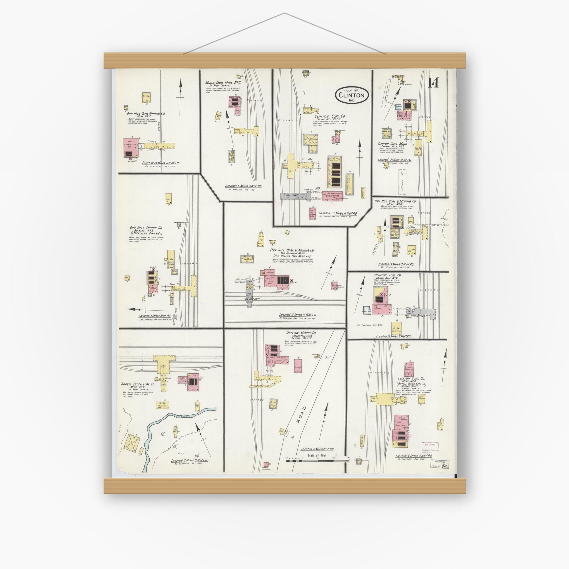 Old map wall art mockup — magnetic wood frame on white wall — Sanborn Fire Insurance Map from Clinton, Vermillion County, Indiana (1910), Sheet #0014