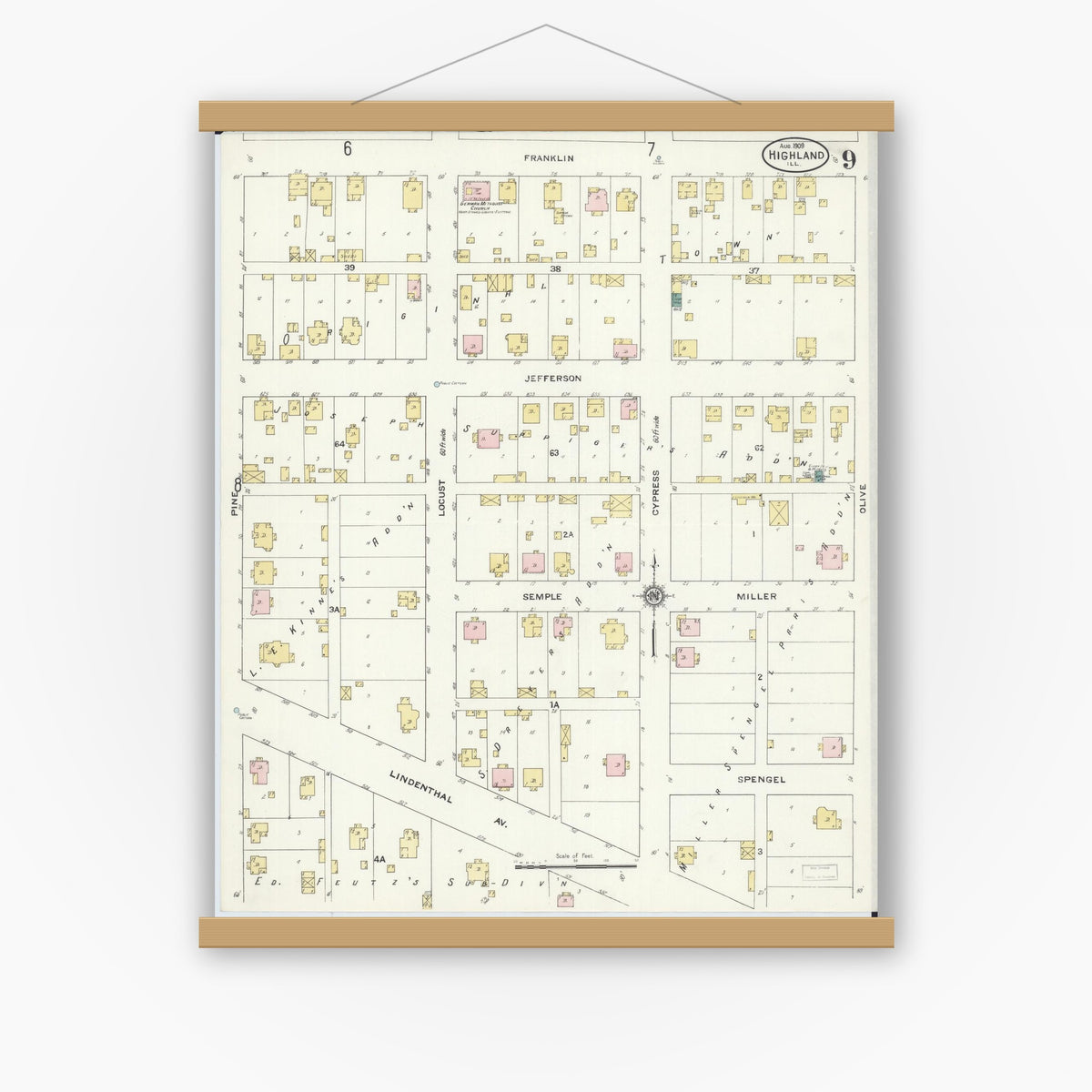 Old map wall art mockup — magnetic wood frame on white wall — Sanborn Fire Insurance Map from Highland, Madison County, Illinois (1908), Sheet #0009