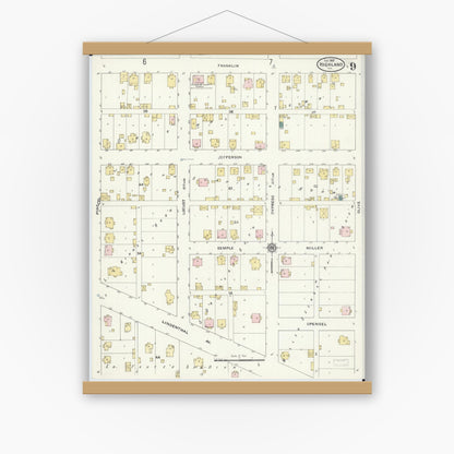 Old map wall art mockup — magnetic wood frame on white wall — Sanborn Fire Insurance Map from Highland, Madison County, Illinois (1908), Sheet #0009
