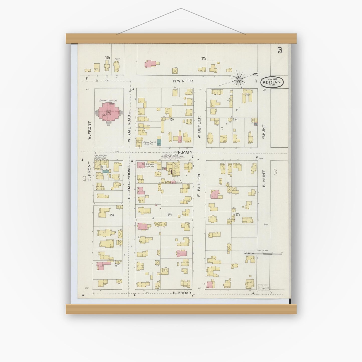 Old map wall art mockup — magnetic wood frame on white wall — Sanborn Fire Insurance Map from Adrian, Lenawee County, Michigan (1893), Sheet #0005