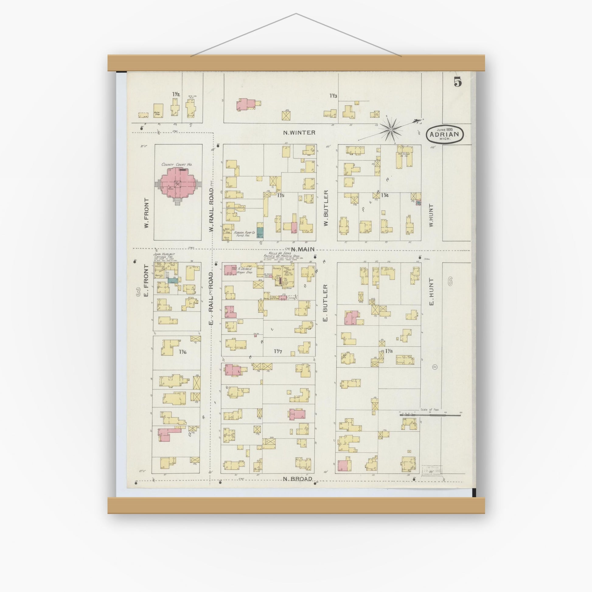 Old map wall art mockup — magnetic wood frame on white wall — Sanborn Fire Insurance Map from Adrian, Lenawee County, Michigan (1893), Sheet #0005