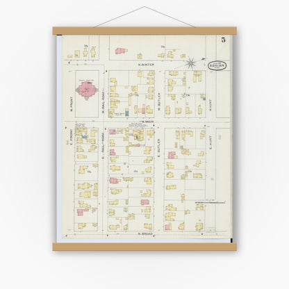 Old map wall art mockup — magnetic wood frame on white wall — Sanborn Fire Insurance Map from Adrian, Lenawee County, Michigan (1893), Sheet #0005