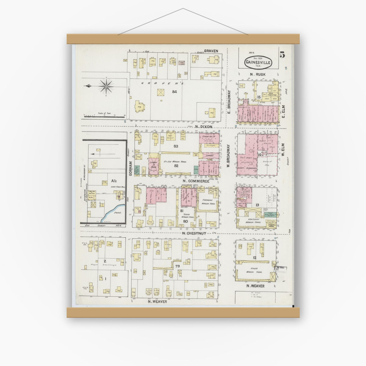 Old map wall art mockup — magnetic wood frame on white wall — Sanborn Fire Insurance Map from Gainesville, Cooke County, Texas (1888), Sheet #0005