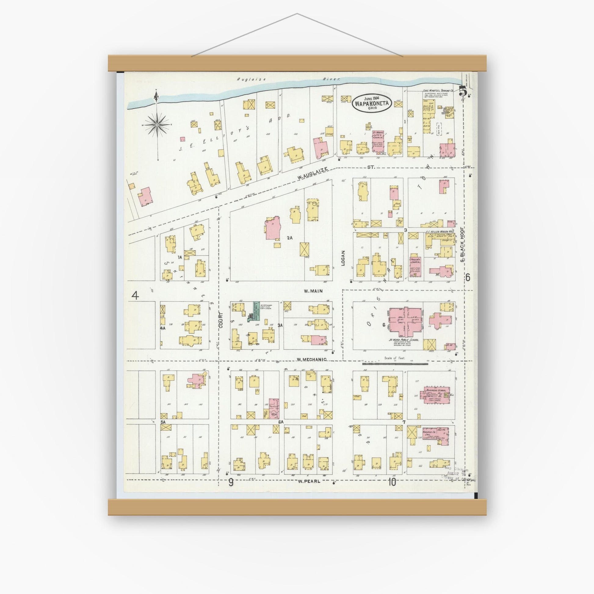Old map wall art mockup — magnetic wood frame on white wall — Sanborn Fire Insurance Map from Wapakoneta, Auglaize County, Ohio (1904), Sheet #0005
