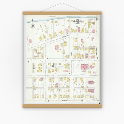 Old map wall art mockup — magnetic wood frame on white wall — Sanborn Fire Insurance Map from Wapakoneta, Auglaize County, Ohio (1904), Sheet #0005