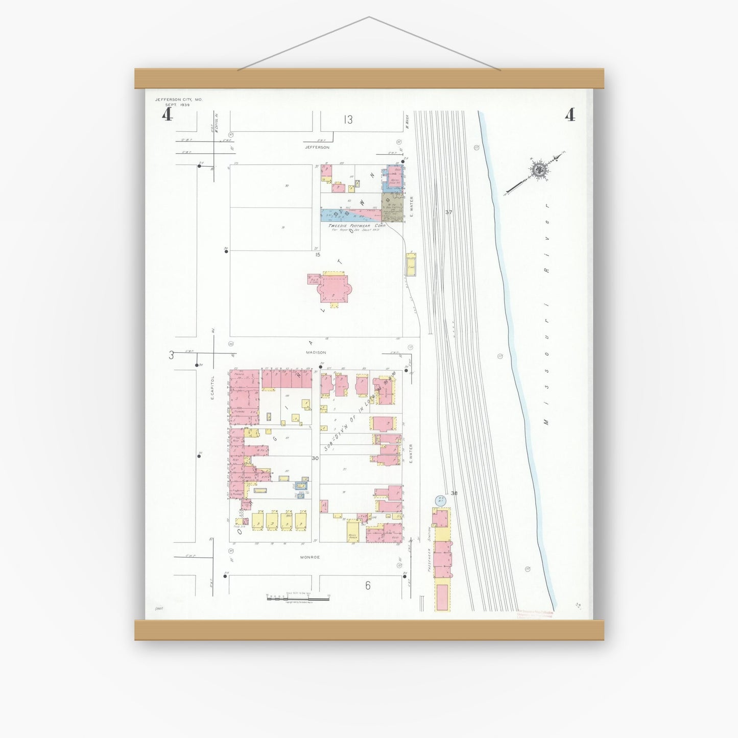 Old map wall art mockup — magnetic wood frame on white wall — Sanborn Fire Insurance Map from Jefferson City, Cole County, Missouri (1939), Sheet #0004