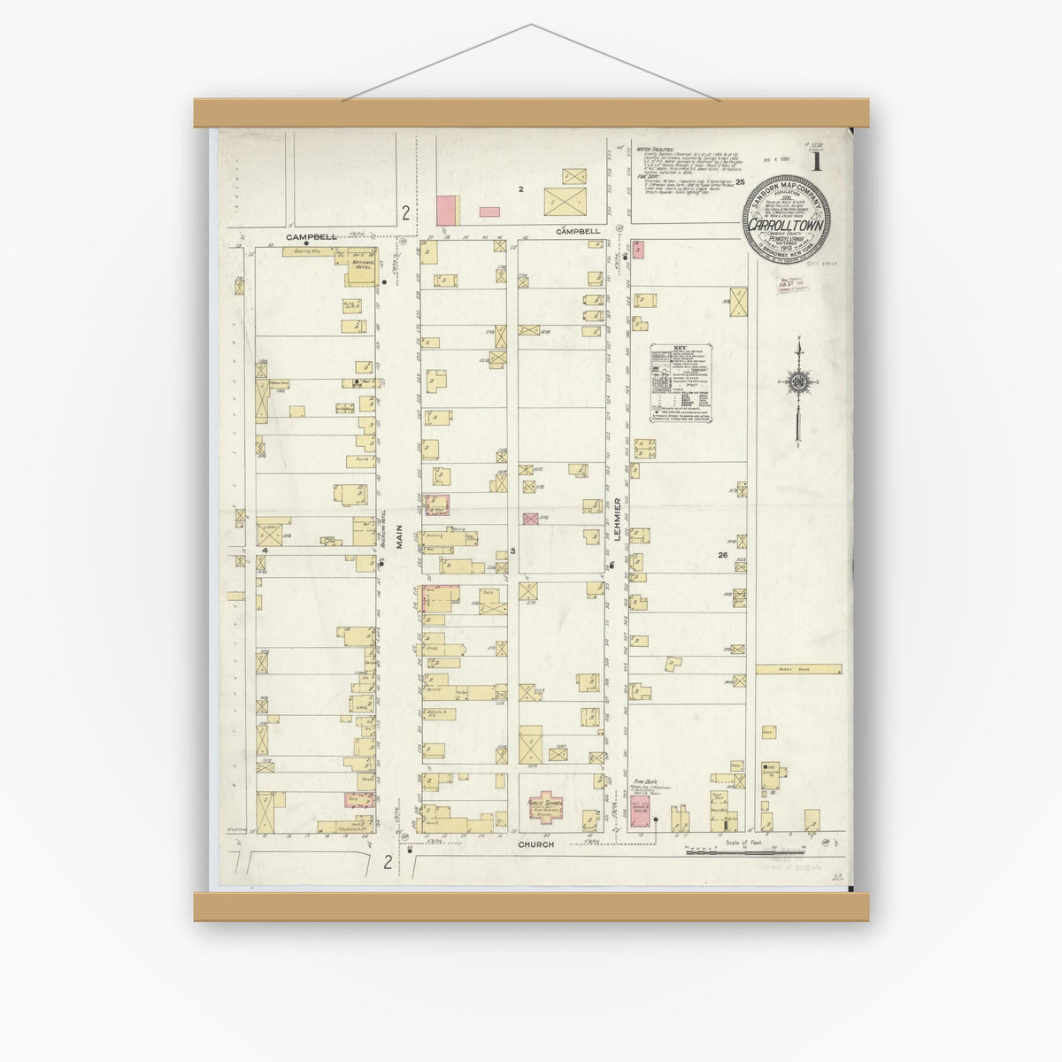 Old map wall art mockup — magnetic wood frame on white wall — Sanborn Fire Insurance Map from Carrolltown, Cambria County, Pennsylvania (1910) - Complete Map Set