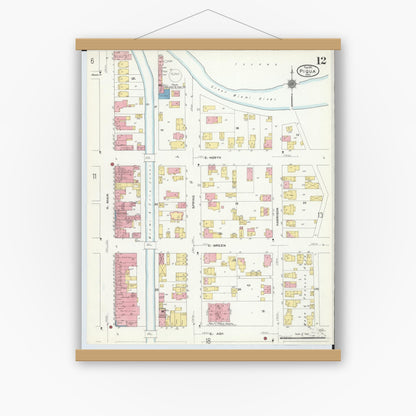 Old map wall art mockup — magnetic wood frame on white wall — Sanborn Fire Insurance Map from Piqua, Miami County, Ohio (1911), Sheet #0012