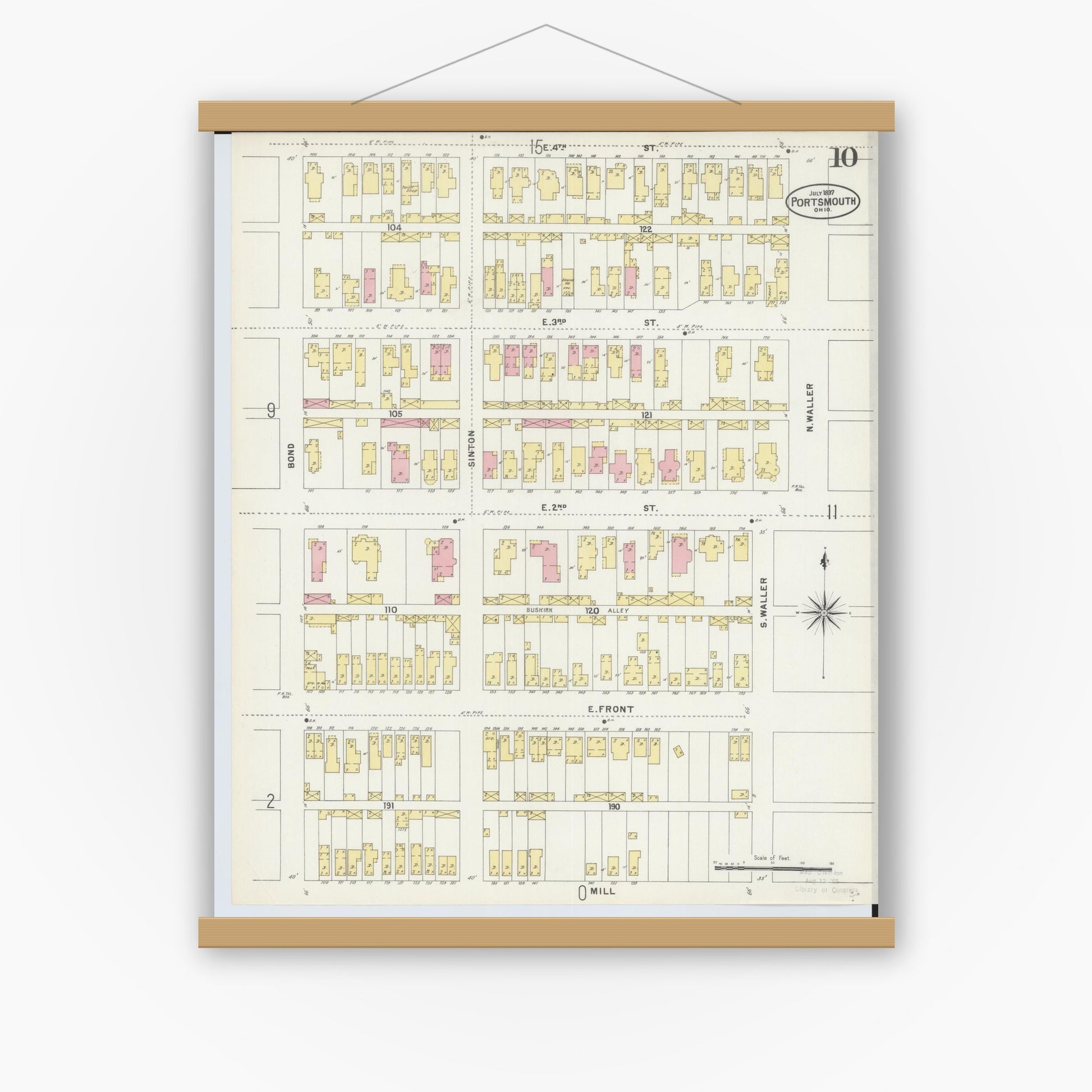 Old map wall art mockup — magnetic wood frame on white wall — Sanborn Fire Insurance Map from Portsmouth, Scioto County, Ohio (1897), Sheet #0010