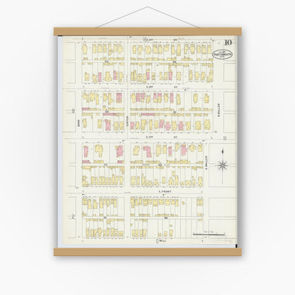Old map wall art mockup — magnetic wood frame on white wall — Sanborn Fire Insurance Map from Portsmouth, Scioto County, Ohio (1897), Sheet #0010