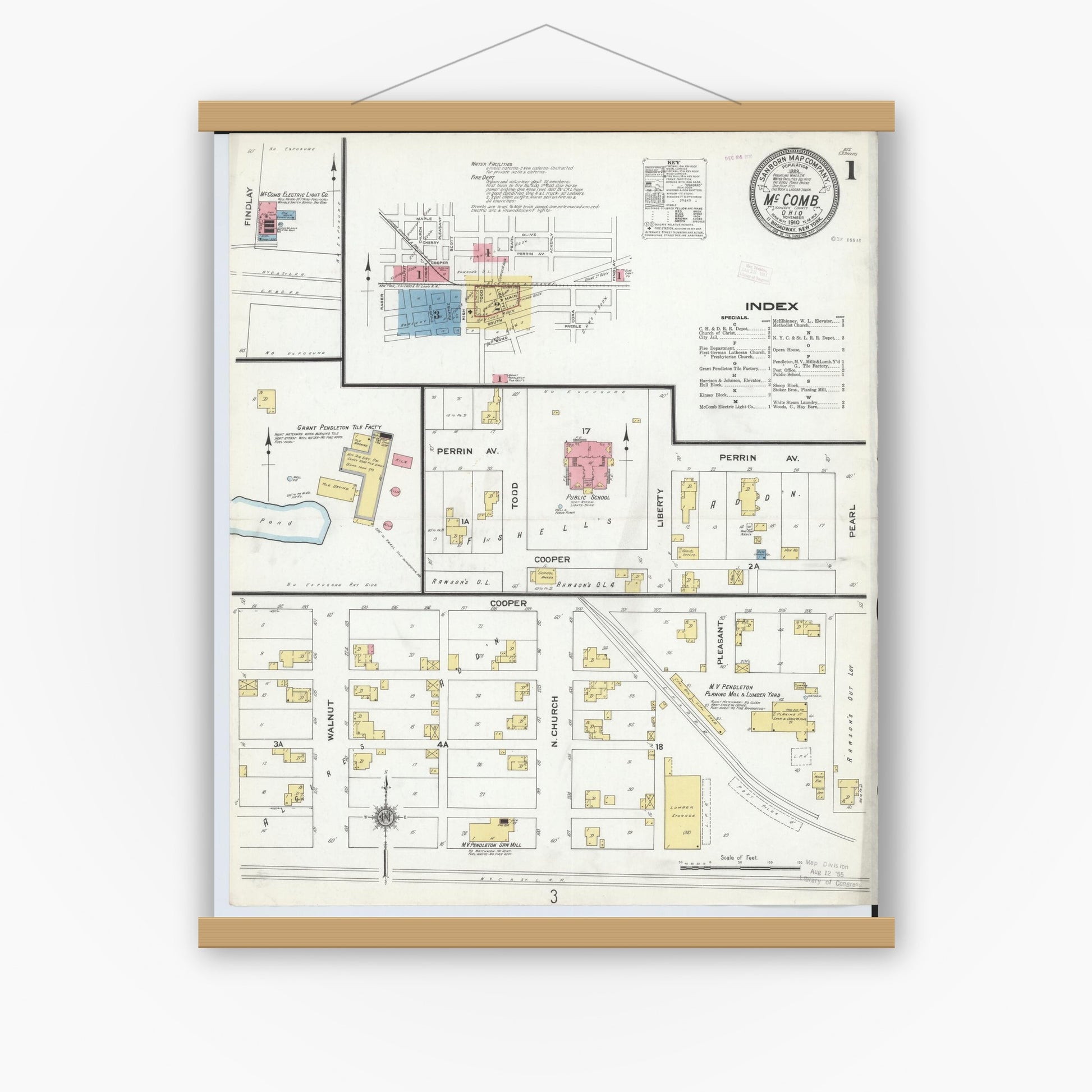 Old map wall art mockup — magnetic wood frame on white wall — Sanborn Fire Insurance Map from McComb, Hancock County, Ohio (1910), Sheet #0001