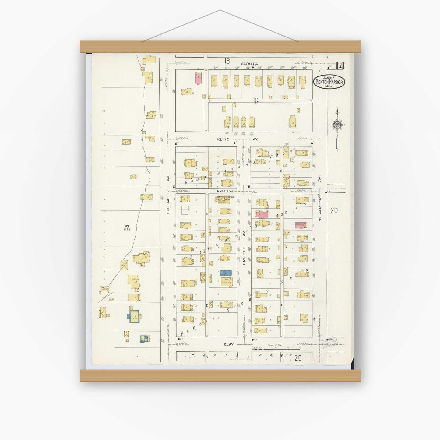 Old map wall art mockup — magnetic wood frame on white wall — Sanborn Fire Insurance Map from Benton Harbor, Berrien County, Michigan (1917), Sheet #0014