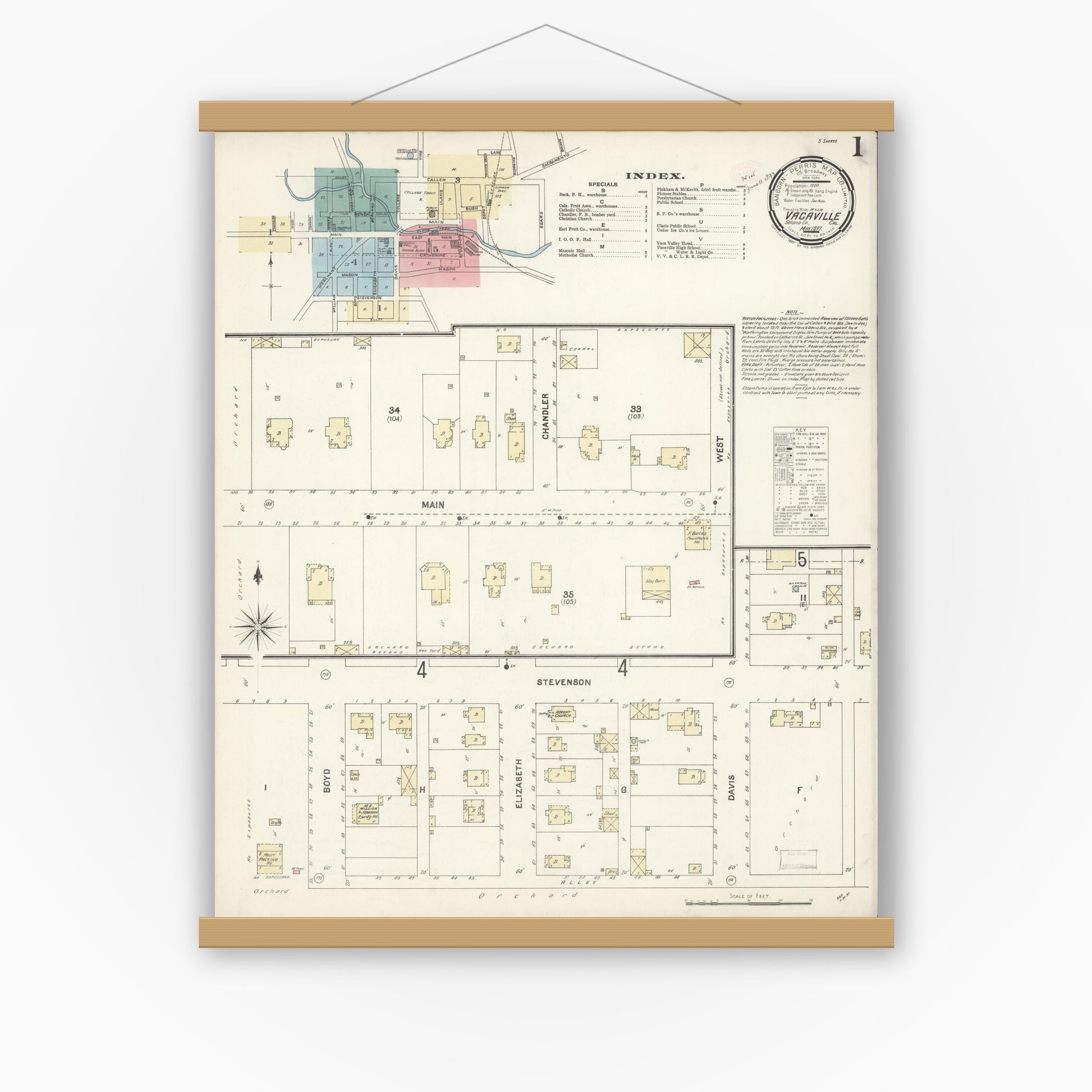 Old map wall art mockup — magnetic wood frame on white wall — Sanborn Fire Insurance Map from Vacaville, Solano County, California (1897) - Complete Map Set