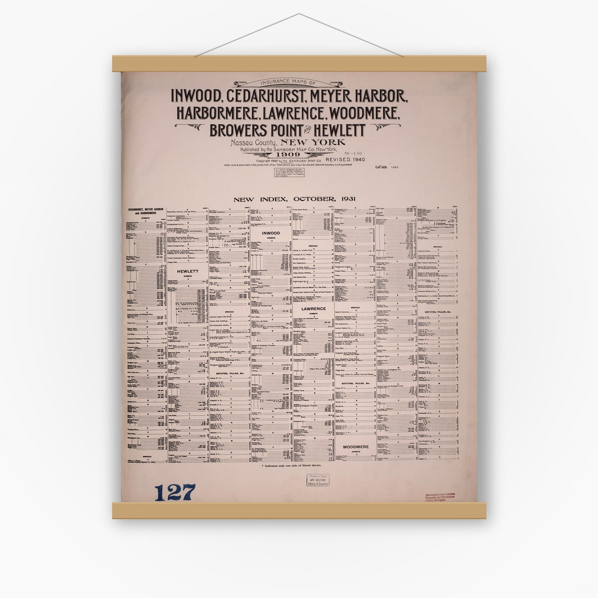 Old map wall art mockup — magnetic wood frame on white wall — Sanborn Fire Insurance Map from Inwood, Nassau County, New York (1940), Sheet #0001