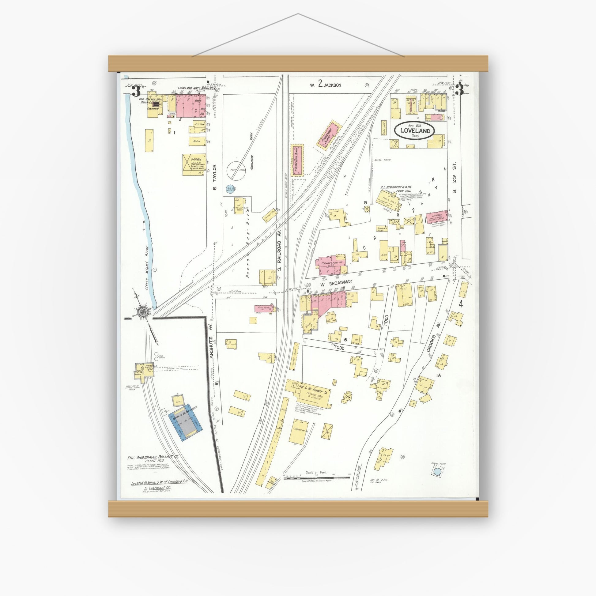 Old map wall art mockup — magnetic wood frame on white wall — Sanborn Fire Insurance Map from Loveland, Clermont, Hamilton, And Warren County, Ohio (1923), Sheet #0003
