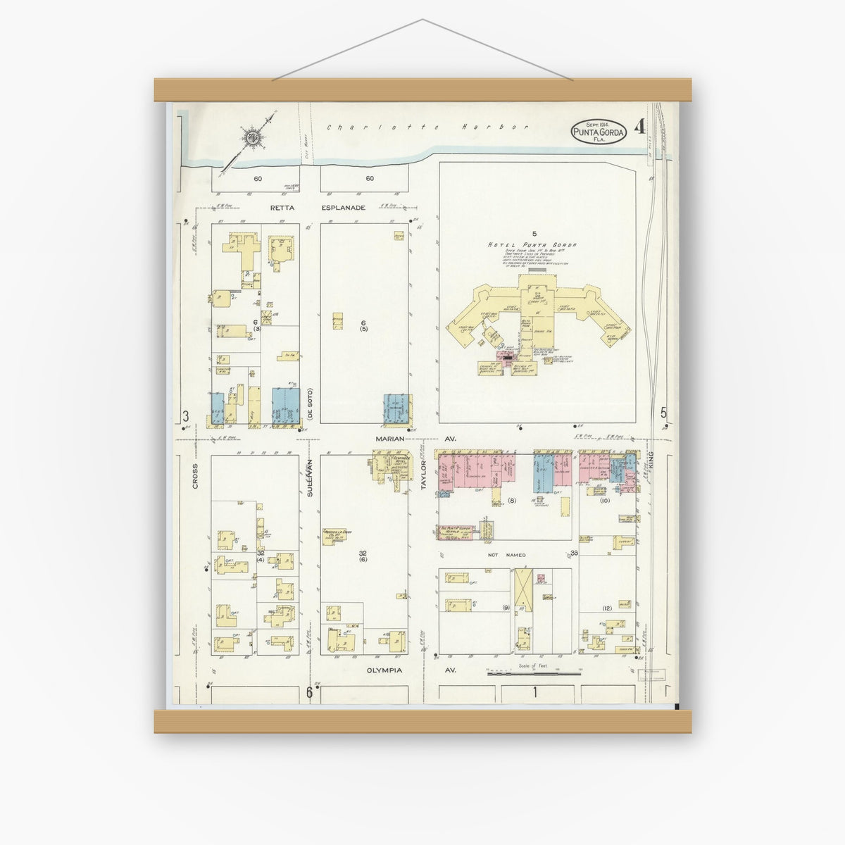 Old map wall art mockup — magnetic wood frame on white wall — Sanborn Fire Insurance Map from Punta Gorda, Charlotte County, Florida (1914), Sheet #0004