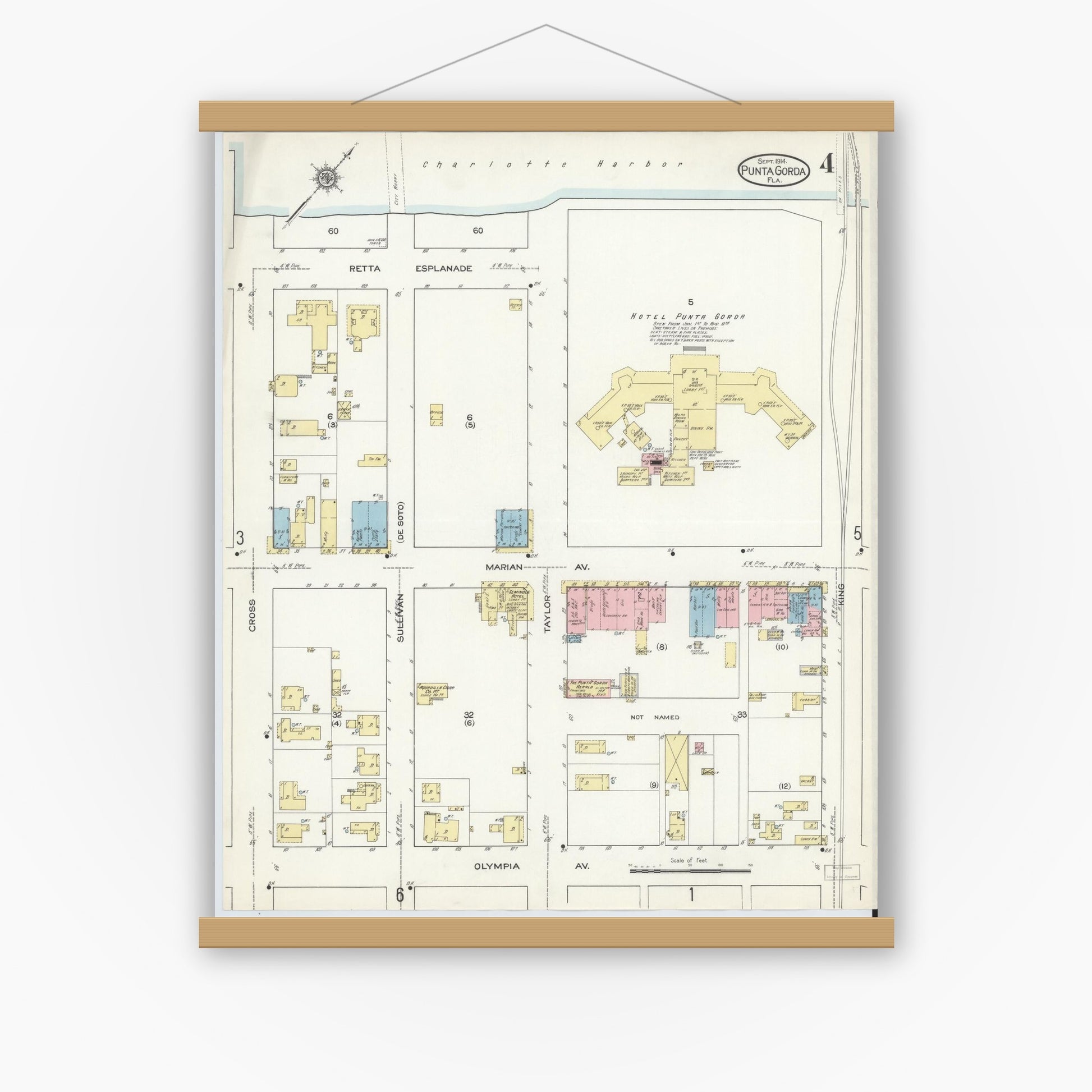 Old map wall art mockup — magnetic wood frame on white wall — Sanborn Fire Insurance Map from Punta Gorda, Charlotte County, Florida (1914), Sheet #0004
