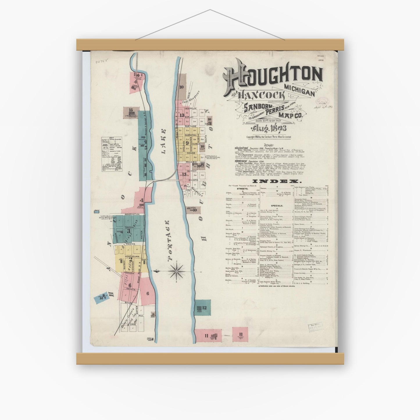 Old map wall art mockup — magnetic wood frame on white wall — Sanborn Fire Insurance Map from Houghton, Houghton County, Michigan (1893) - Complete Map Set