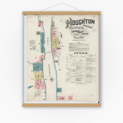 Old map wall art mockup — magnetic wood frame on white wall — Sanborn Fire Insurance Map from Houghton, Houghton County, Michigan (1893) - Complete Map Set