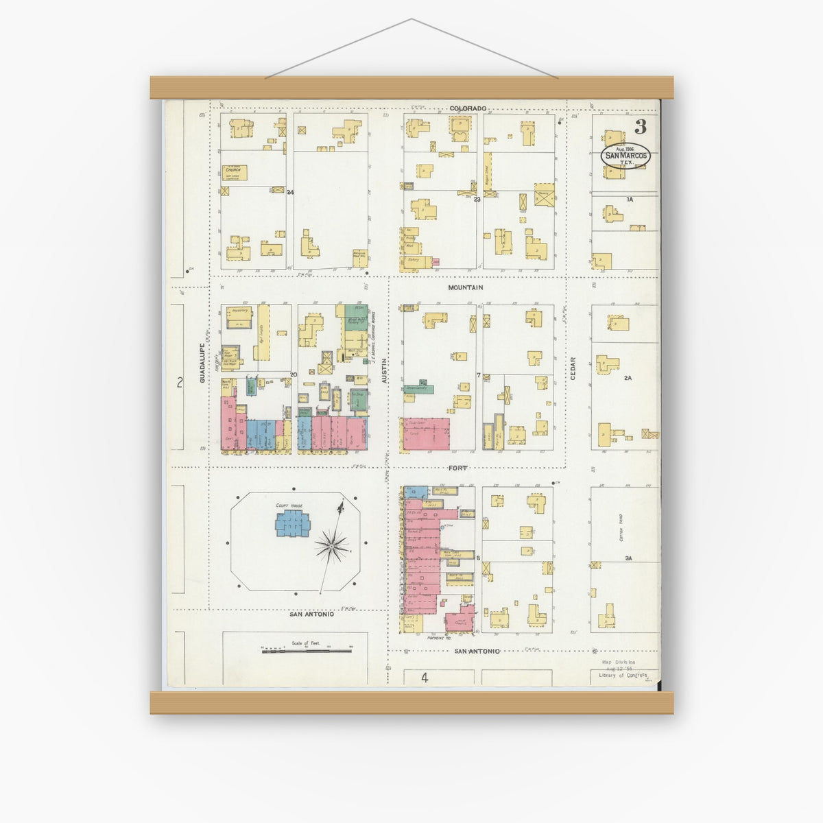 Old map wall art mockup — magnetic wood frame on white wall — Sanborn Fire Insurance Map from San Marcos, Hays County, Texas (1906), Sheet #0003