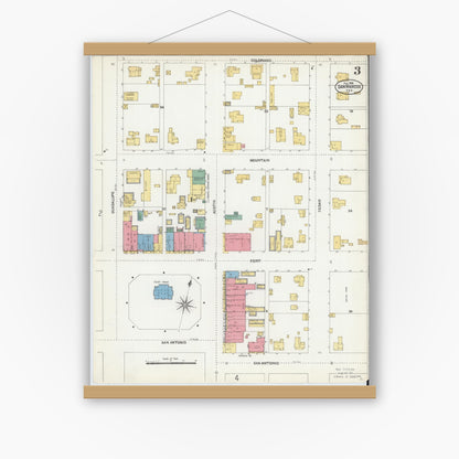 Old map wall art mockup — magnetic wood frame on white wall — Sanborn Fire Insurance Map from San Marcos, Hays County, Texas (1906), Sheet #0003