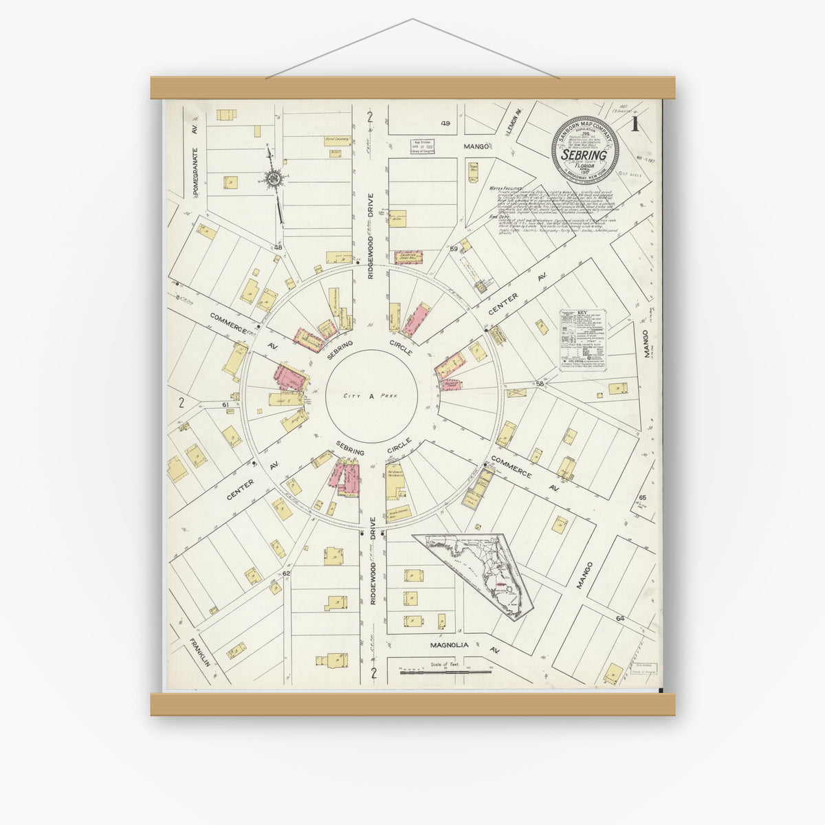 Old map wall art mockup — magnetic wood frame on white wall — Sanborn Fire Insurance Map from Sebring, Highlands County, Florida (1917) - Complete Map Set