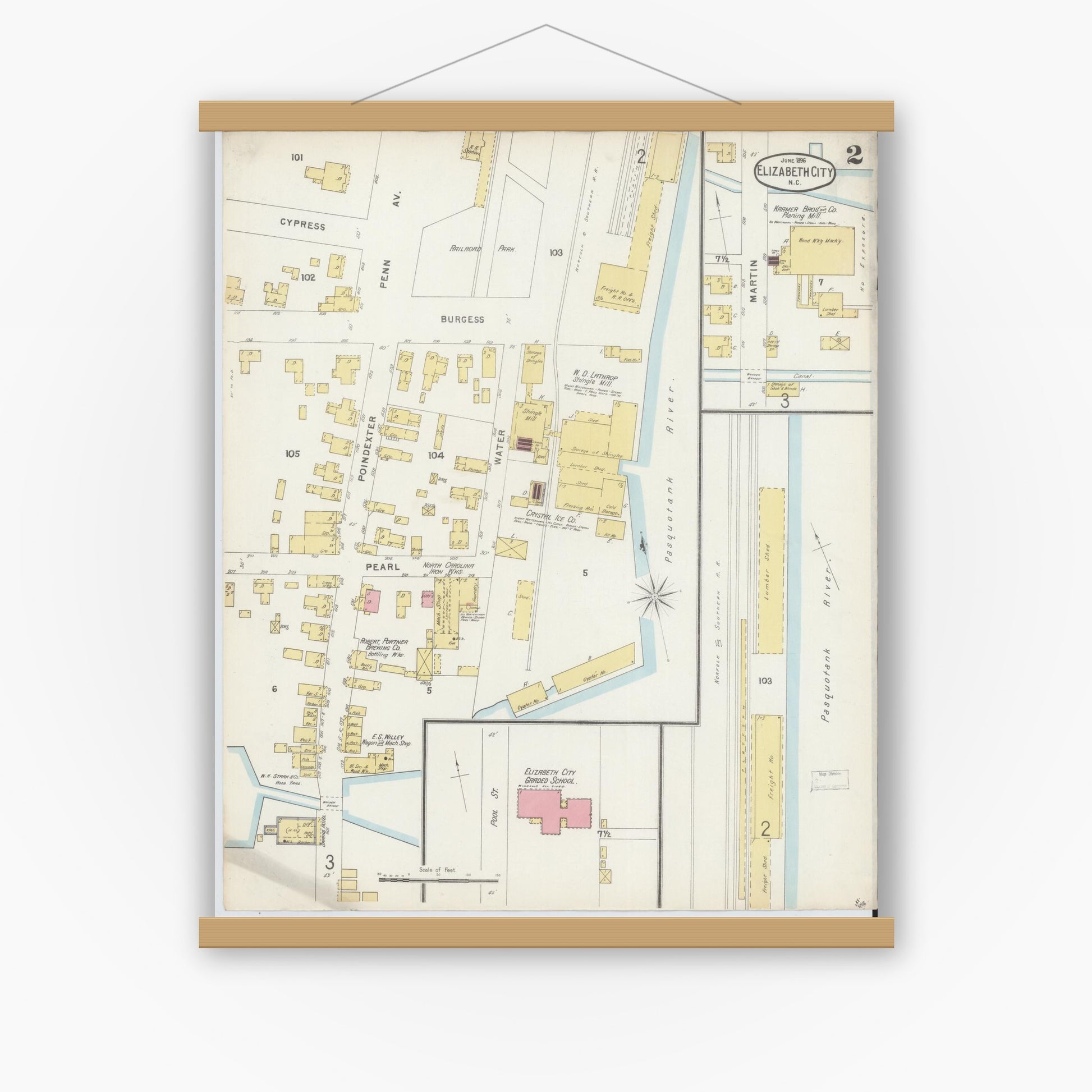 Old map wall art mockup — magnetic wood frame on white wall — Sanborn Fire Insurance Map from Elizabeth City, Pasquotank County, North Carolina (1896), Sheet #0002