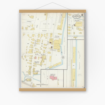Old map wall art mockup — magnetic wood frame on white wall — Sanborn Fire Insurance Map from Elizabeth City, Pasquotank County, North Carolina (1896), Sheet #0002
