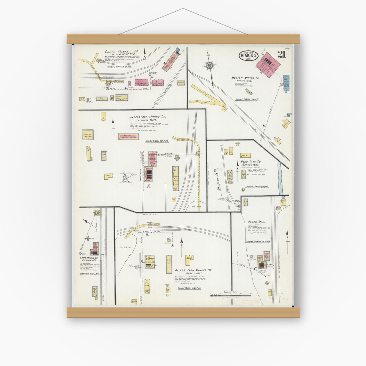 Old map wall art mockup — magnetic wood frame on white wall — Sanborn Fire Insurance Map from Hibbing, Saint Louis County, Minnesota (1921), Sheet #0021