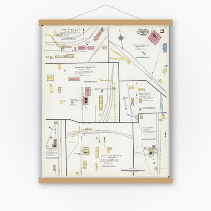 Old map wall art mockup — magnetic wood frame on white wall — Sanborn Fire Insurance Map from Hibbing, Saint Louis County, Minnesota (1921), Sheet #0021