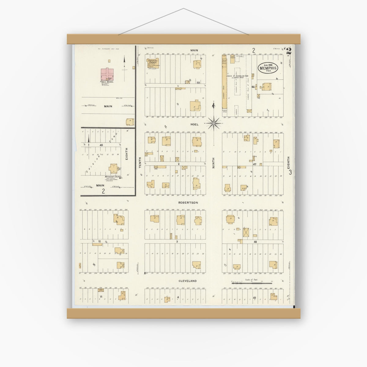 Old map wall art mockup — magnetic wood frame on white wall — Sanborn Fire Insurance Map from Memphis, Hall County, Texas (1908), Sheet #0002
