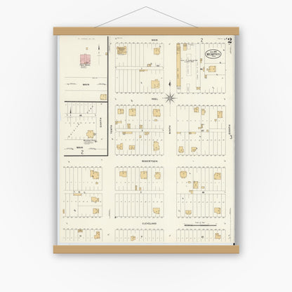Old map wall art mockup — magnetic wood frame on white wall — Sanborn Fire Insurance Map from Memphis, Hall County, Texas (1908), Sheet #0002
