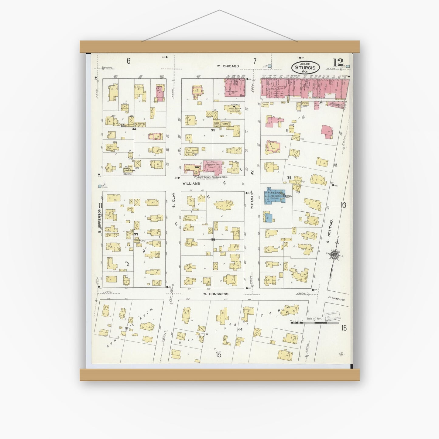 Old map wall art mockup — magnetic wood frame on white wall — Sanborn Fire Insurance Map from Sturgis, Saint Joseph County, Michigan (1911), Sheet #0012