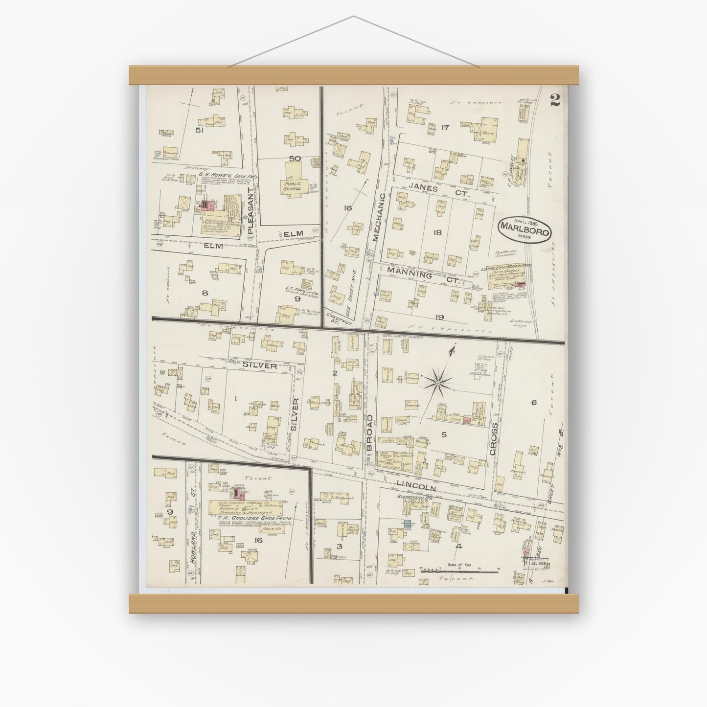 Old map wall art mockup — magnetic wood frame on white wall — Sanborn Fire Insurance Map from Marlborough, Middlesex County, Massachusetts (1885), Sheet #0002