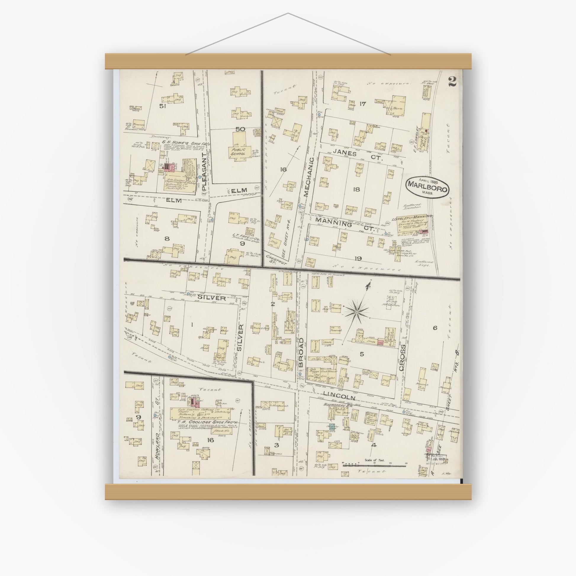 Old map wall art mockup — magnetic wood frame on white wall — Sanborn Fire Insurance Map from Marlborough, Middlesex County, Massachusetts (1885), Sheet #0002