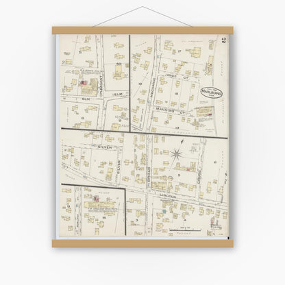 Old map wall art mockup — magnetic wood frame on white wall — Sanborn Fire Insurance Map from Marlborough, Middlesex County, Massachusetts (1885), Sheet #0002