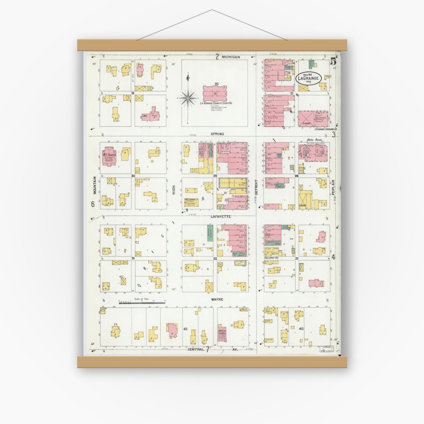 Old map wall art mockup — magnetic wood frame on white wall — Sanborn Fire Insurance Map from Lagrange, LaGrange County, Indiana (1901), Sheet #0005
